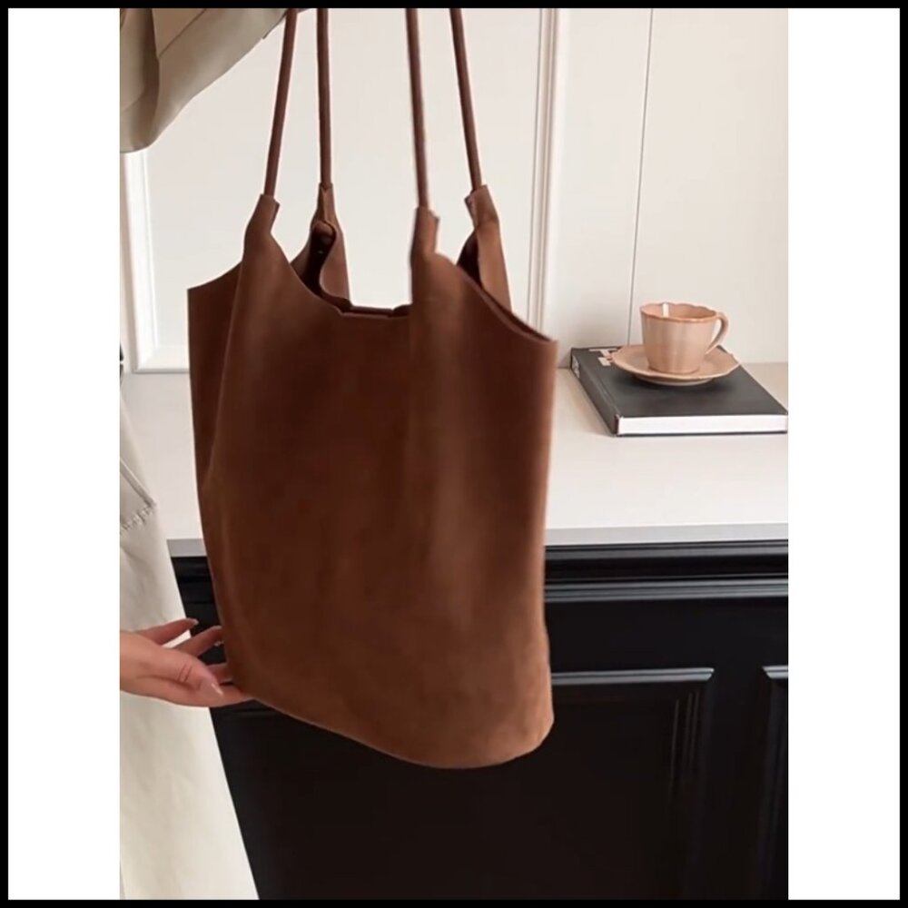 Large Suede Bucket Tote Bag Slouchy Vegan Leather Hobo Purse Y2K Trendy - Picture 7 of 7